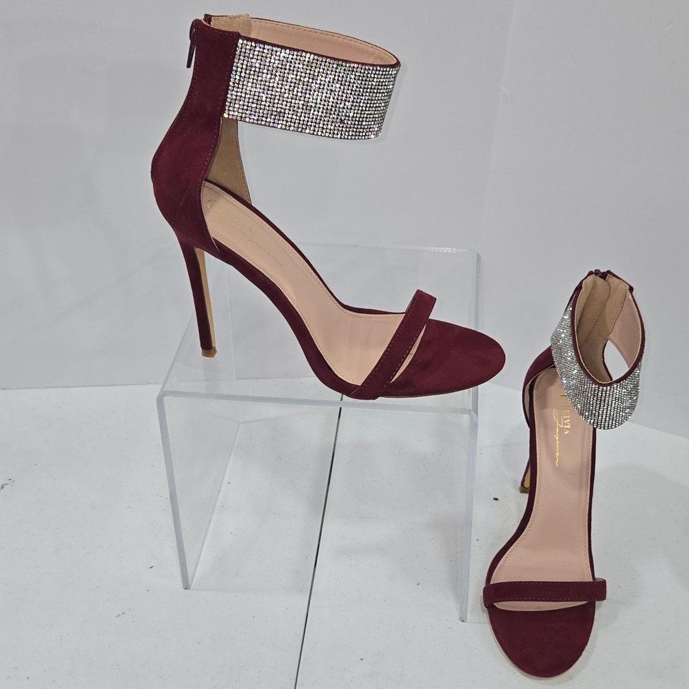Olivia Jaymes Burgundy Faux Suede Rhinestone Ankle Strap Stiletto Heels Size 10